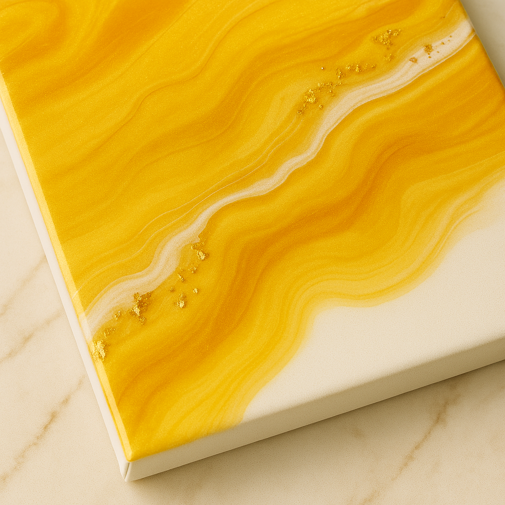 Close-up of a yellow and white marbled soap bar on a marble surface