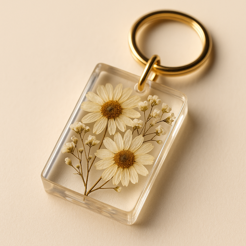 Keychain with pressed flowers inside a clear rectangular case on a beige background