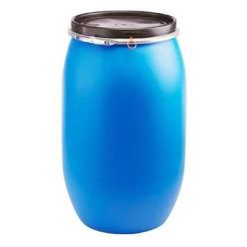 Blue plastic barrel with a black lid on a white background contains Modified-Aliphatic-Amine.