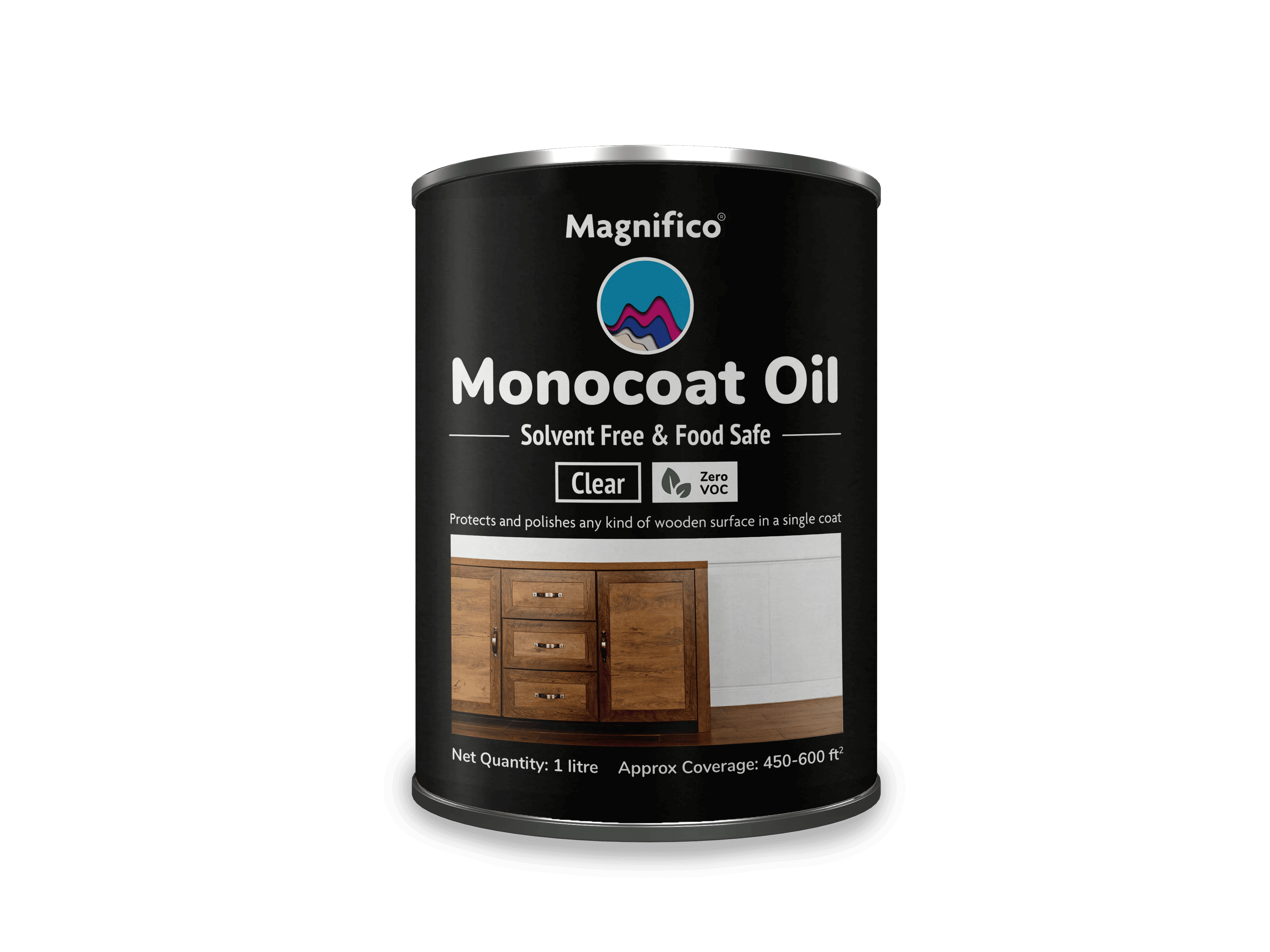 A can of Magnifico Monocoat Oil with branding and an image showing its use on wood surfaces.