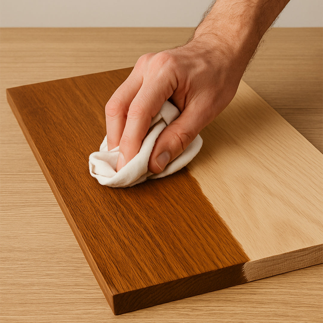 Hand cleaning a wooden cutting board with a cloth