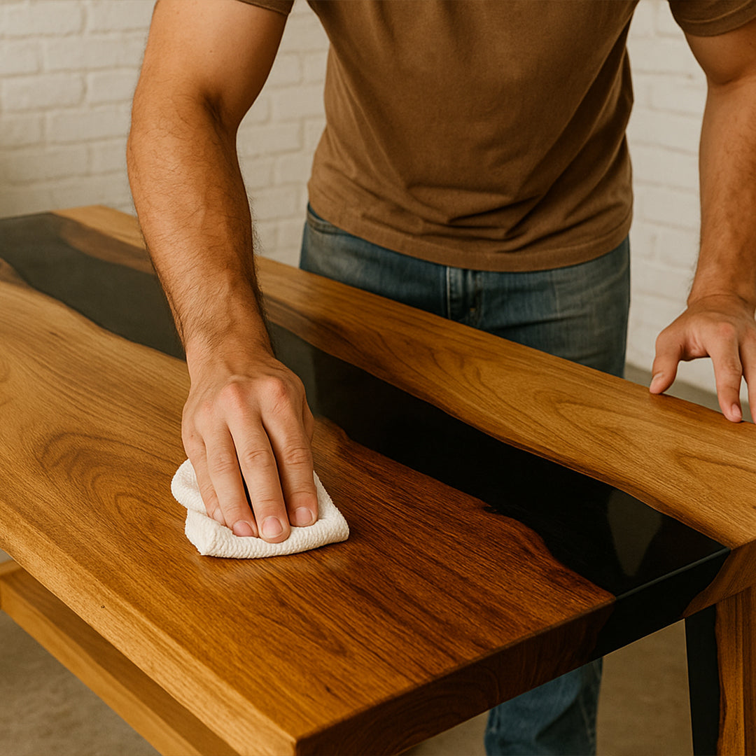 Person cleaning a wooden table with a white cloth.