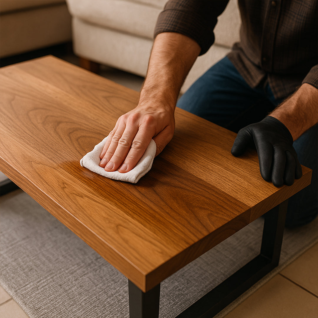 Person cleaning a wooden table with a cloth and black glove.