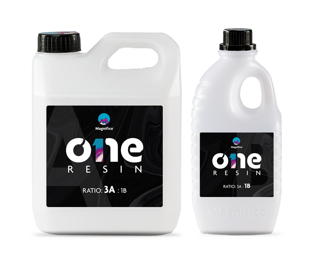 Two containers of 'One Resin' with labels indicating different ratio options, one larger and one smaller.