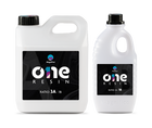 Two containers of 'One Resin' with labels indicating different ratio options, one larger and one smaller.